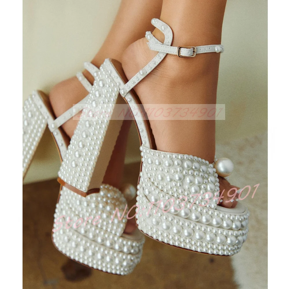 Wedding Super - Weiße Perlen-Plateau-Sandalen für Damen, Knöchelriemen mit