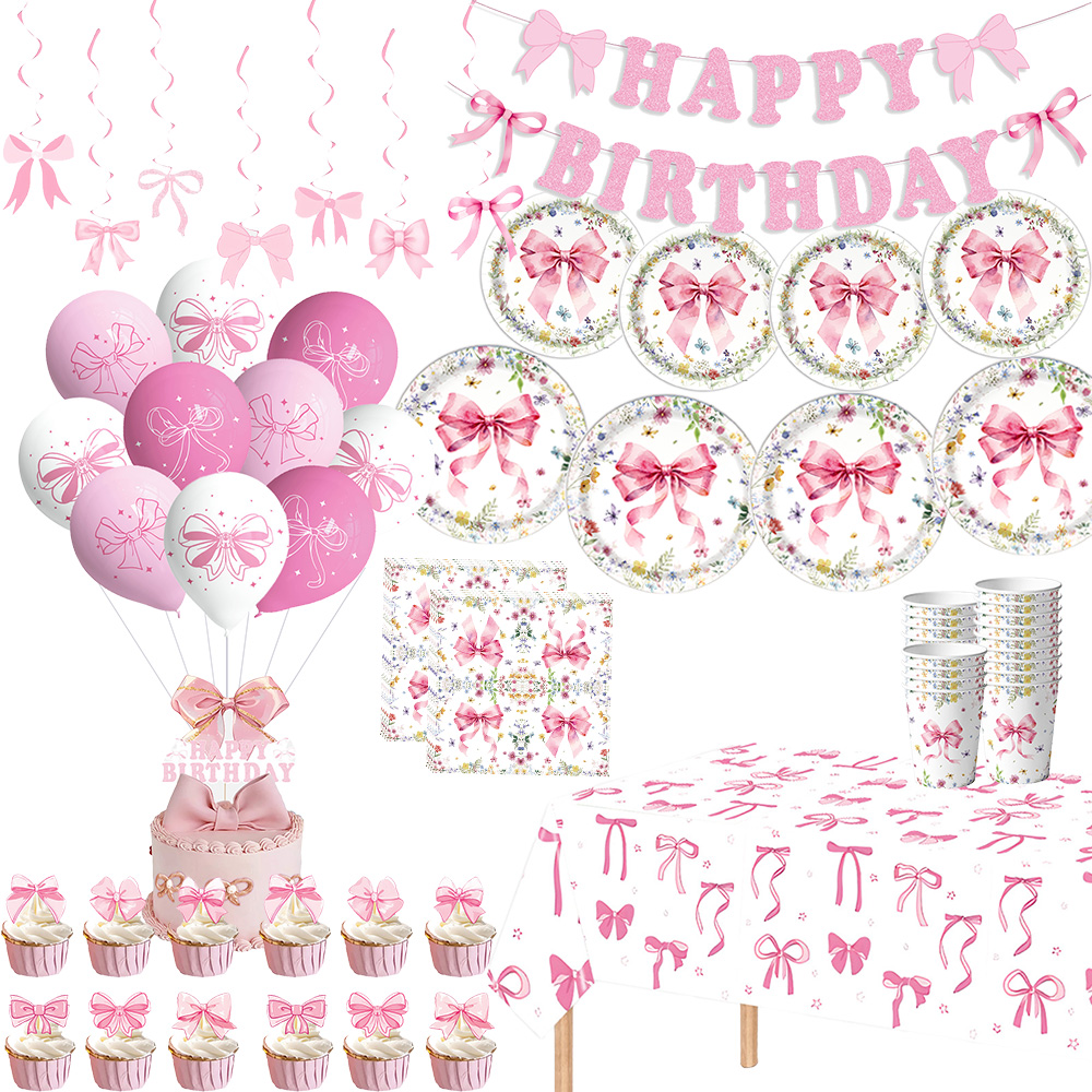 Confetti Balloon Set - Rosa Schleife Mädchen Geburtstagsdekoration Teller Servietten