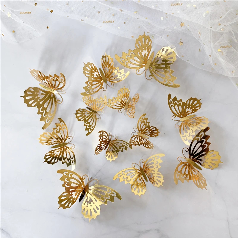Wedding Package Gold - 12/36 Stück 3D Hohle Schmetterling-Wandaufkleber Gold