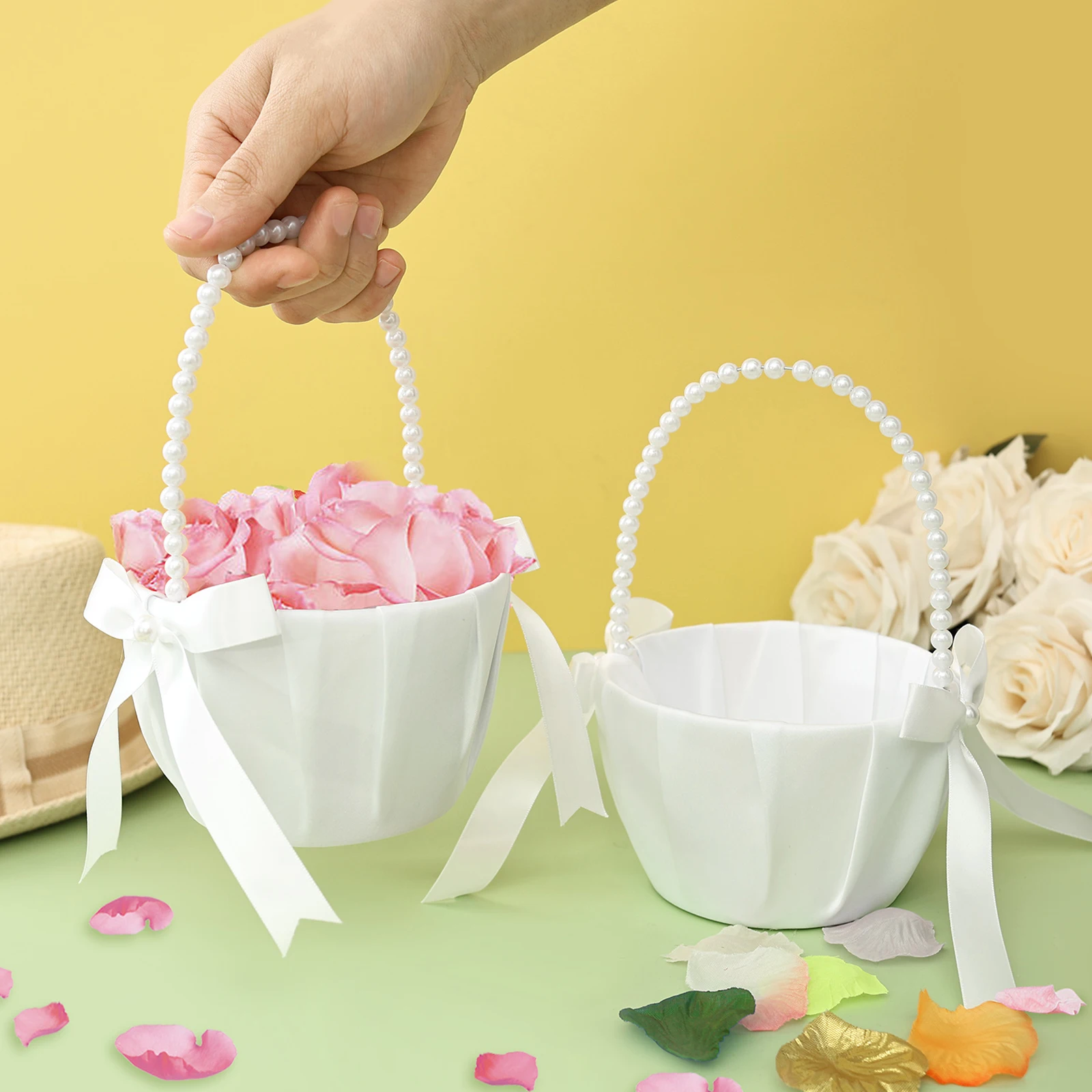 Wedding Ceremony Supply - 2 Stück Hochzeits-Blumenmädchenkörbchen mit Schleife, Satin,